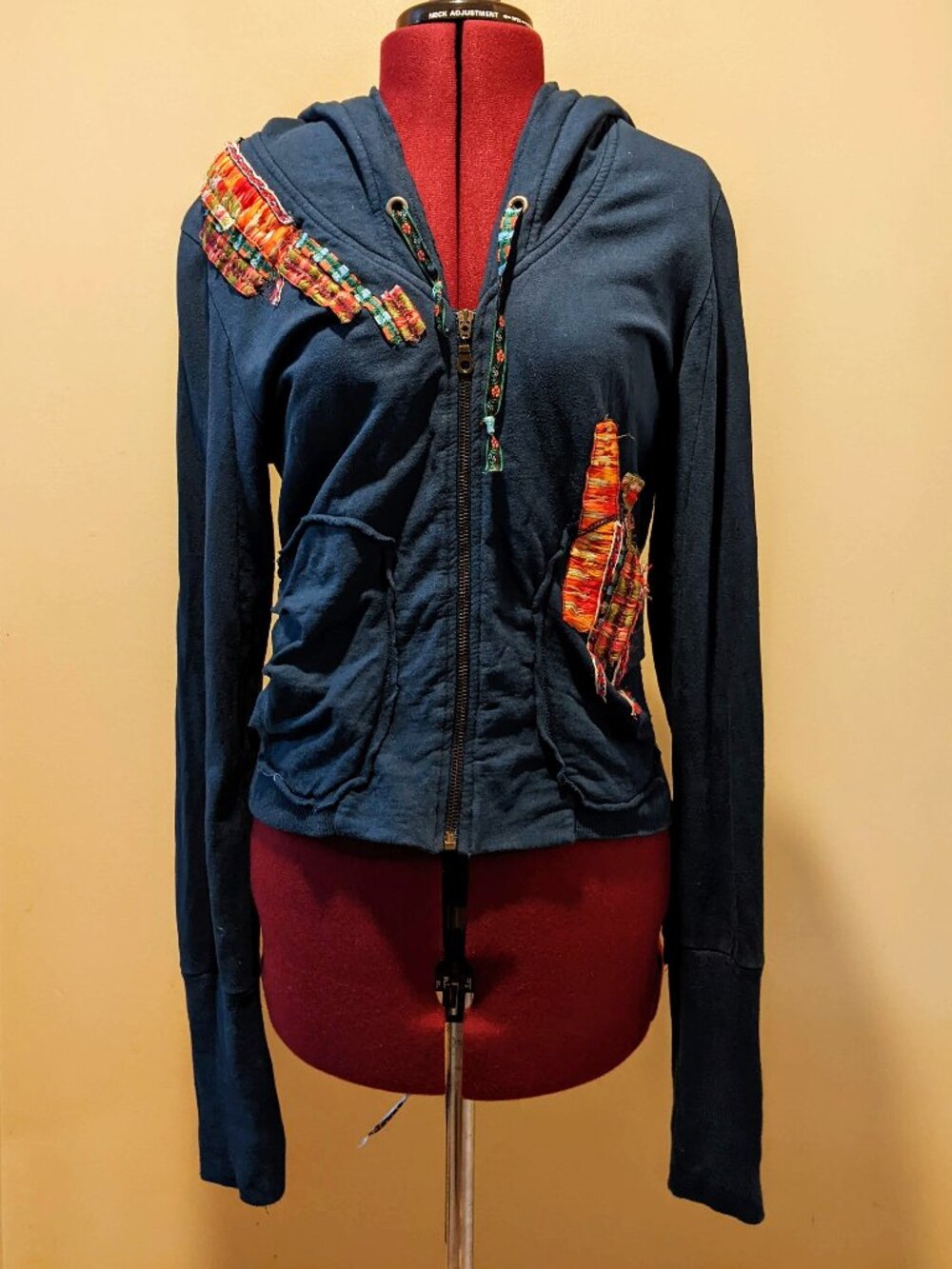 Vintage Free People Abstract Boho Hooded Zip-Up Jacket – Dark Blue – Size Large